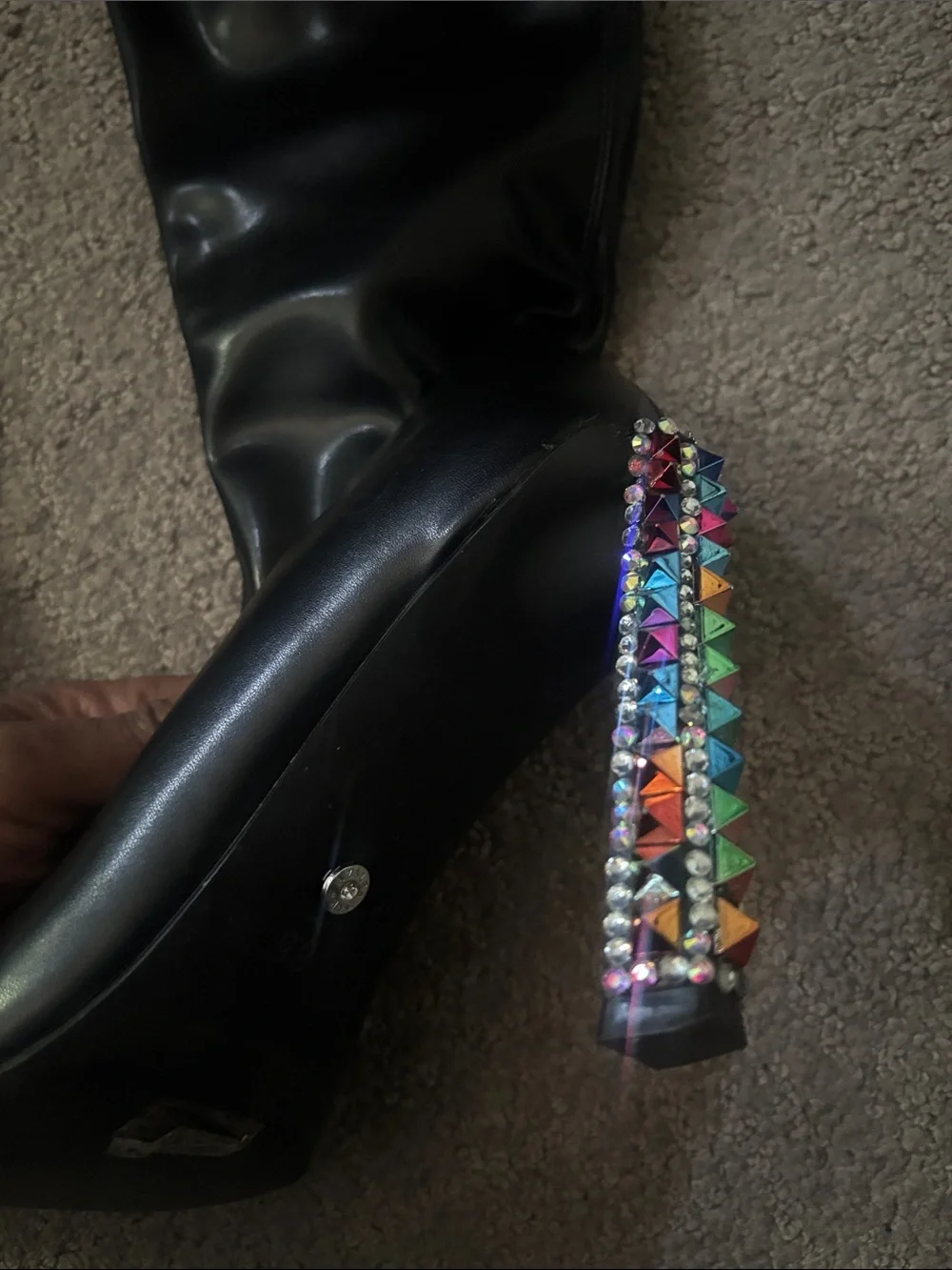 Embellished Heel Black Over-the-Knee Pointed Boots